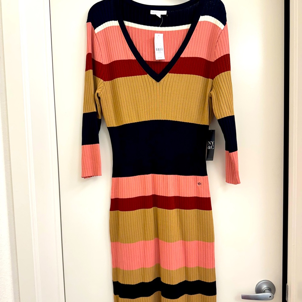 New York & Company Black Pink Sheath Dress V-Neck Long Sleeve
